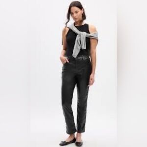 ZARA Sz L Vegan Leather Trouser Pants Pleated Front Straight Leg High Rise Black